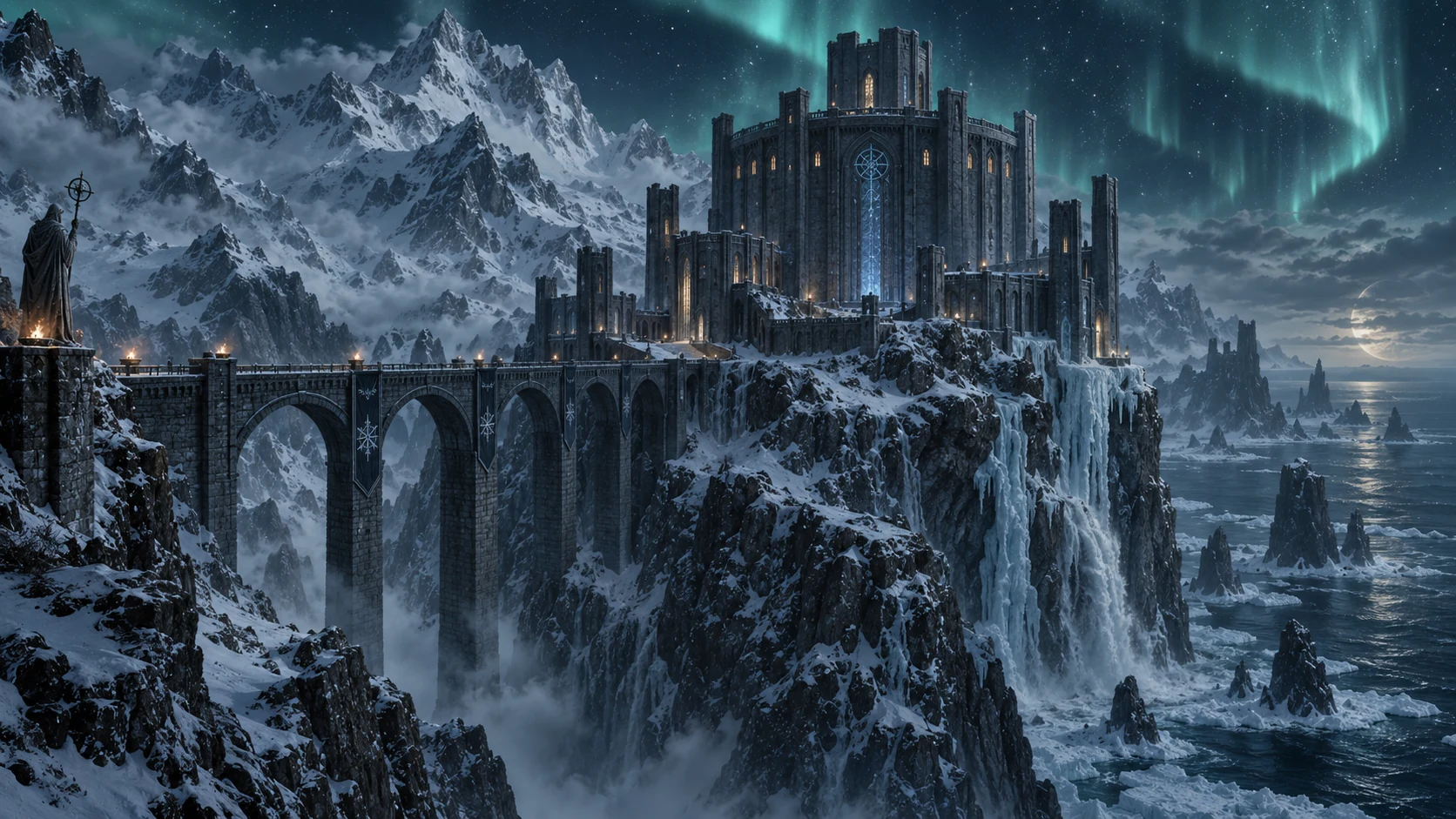 Colegio de Hibernalia sobre un acantilado nevado bajo una aurora boreal